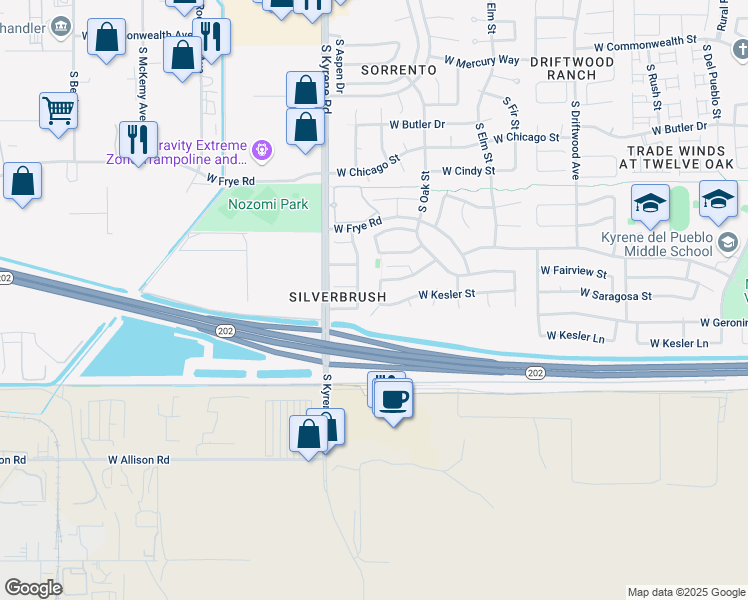 map of restaurants, bars, coffee shops, grocery stores, and more near 620 South Aspen Drive in Chandler