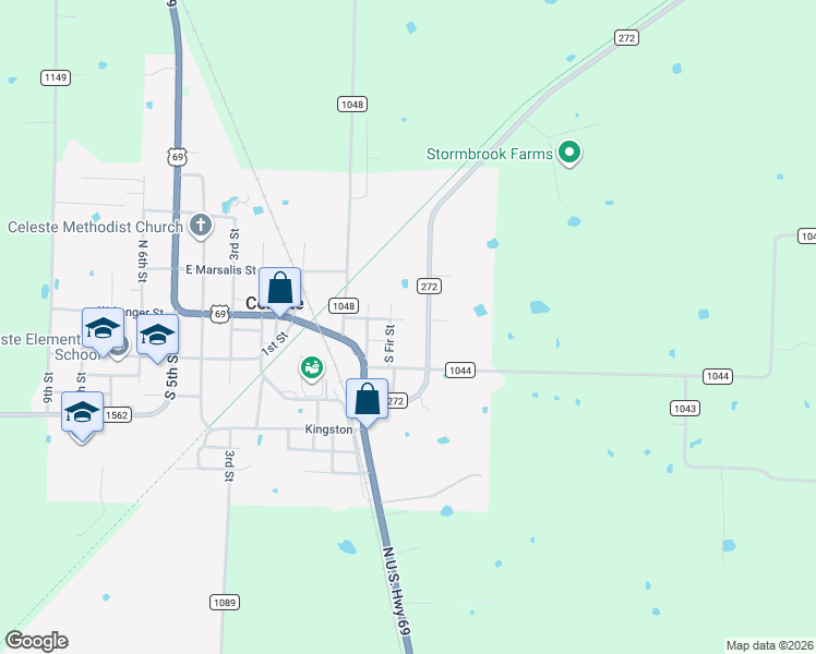 map of restaurants, bars, coffee shops, grocery stores, and more near 608 Farm to Market Road 272 in Celeste