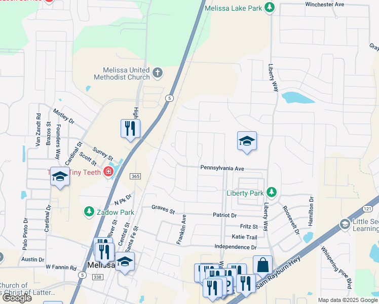 map of restaurants, bars, coffee shops, grocery stores, and more near 3512 Charleston Drive in Melissa