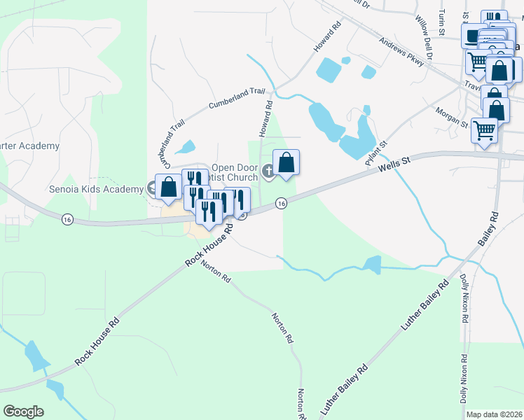 map of restaurants, bars, coffee shops, grocery stores, and more near 7319 Wells Street in Senoia