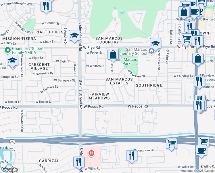 map of restaurants, bars, coffee shops, grocery stores, and more near 795 South Camellia Drive in Chandler