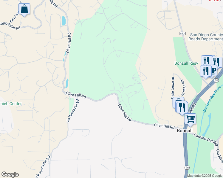 map of restaurants, bars, coffee shops, grocery stores, and more near 5373 Olive Hill Trail in Bonsall