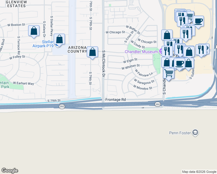 map of restaurants, bars, coffee shops, grocery stores, and more near 3983 West Tara Drive in Chandler