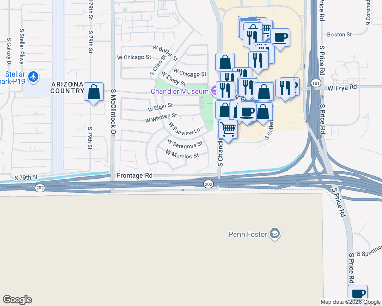 map of restaurants, bars, coffee shops, grocery stores, and more near 3624 West Morelos Street in Chandler