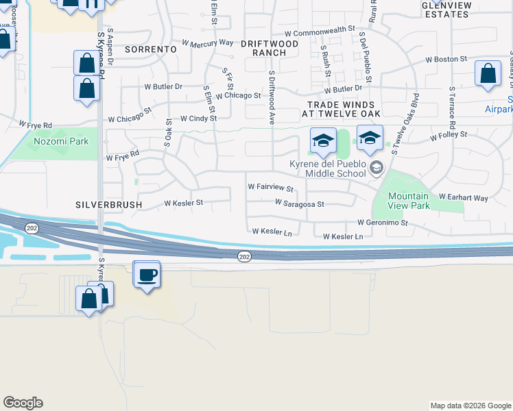 map of restaurants, bars, coffee shops, grocery stores, and more near 5441 W Saragosa St in Chandler