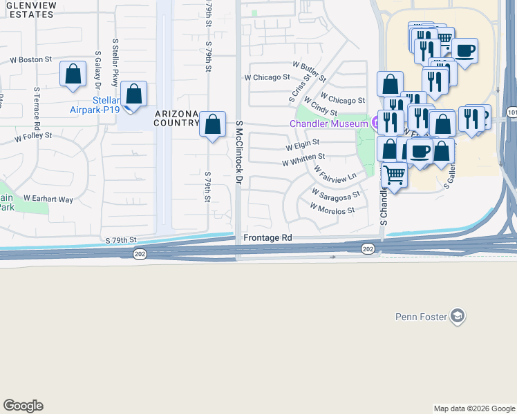 map of restaurants, bars, coffee shops, grocery stores, and more near 3983 West Tara Drive in Chandler