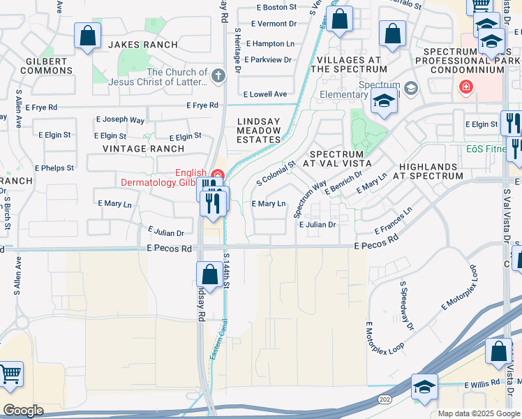 map of restaurants, bars, coffee shops, grocery stores, and more near 887 East Mary Lane in Gilbert