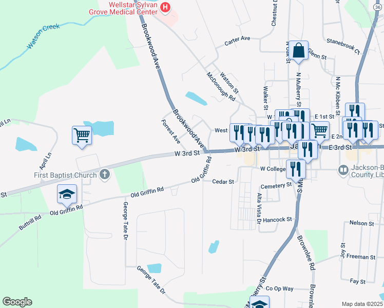 map of restaurants, bars, coffee shops, grocery stores, and more near 110 Forest Avenue in Jackson