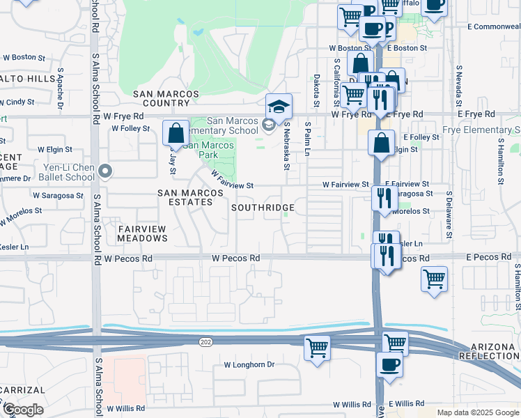 map of restaurants, bars, coffee shops, grocery stores, and more near 726 South Nebraska Street in Chandler