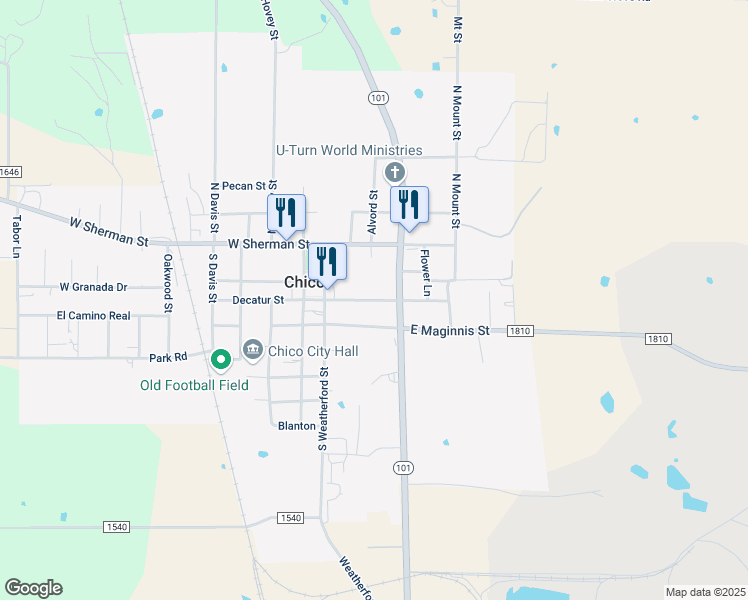 map of restaurants, bars, coffee shops, grocery stores, and more near East Decatur Street in Chico
