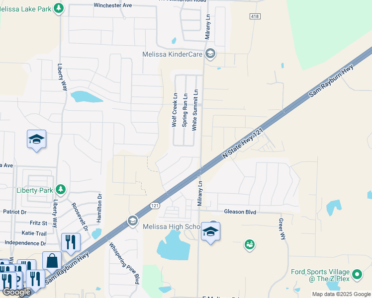map of restaurants, bars, coffee shops, grocery stores, and more near 3312 Bear Creek Dr in Melissa