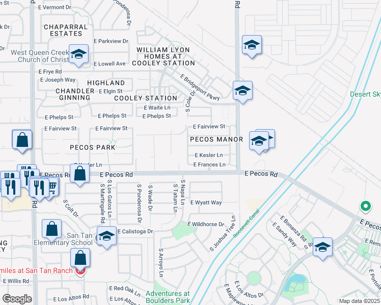 map of restaurants, bars, coffee shops, grocery stores, and more near 3814 East Kesler Street in Gilbert