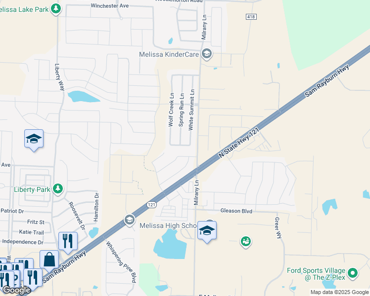 map of restaurants, bars, coffee shops, grocery stores, and more near 3314 Bear Creek Drive in Melissa