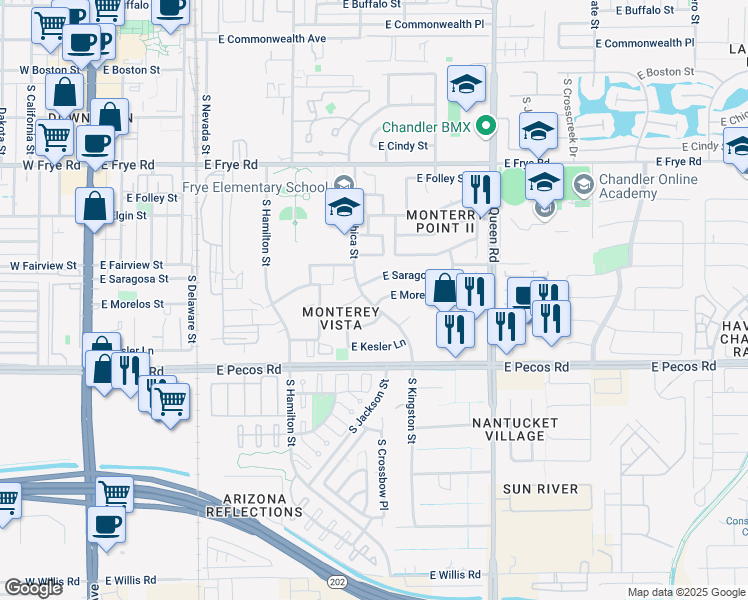 map of restaurants, bars, coffee shops, grocery stores, and more near 782 East Morelos Street in Chandler