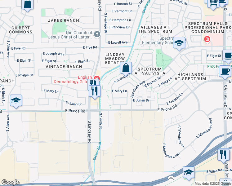 map of restaurants, bars, coffee shops, grocery stores, and more near 887 East Mary Lane in Gilbert