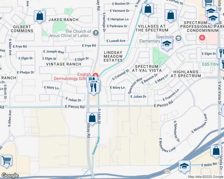 map of restaurants, bars, coffee shops, grocery stores, and more near 887 East Mary Lane in Gilbert