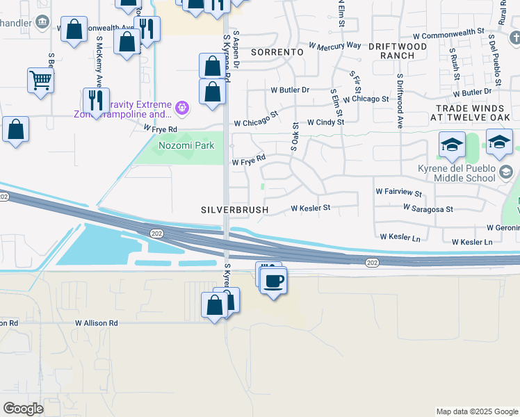 map of restaurants, bars, coffee shops, grocery stores, and more near 620 South Aspen Drive in Chandler