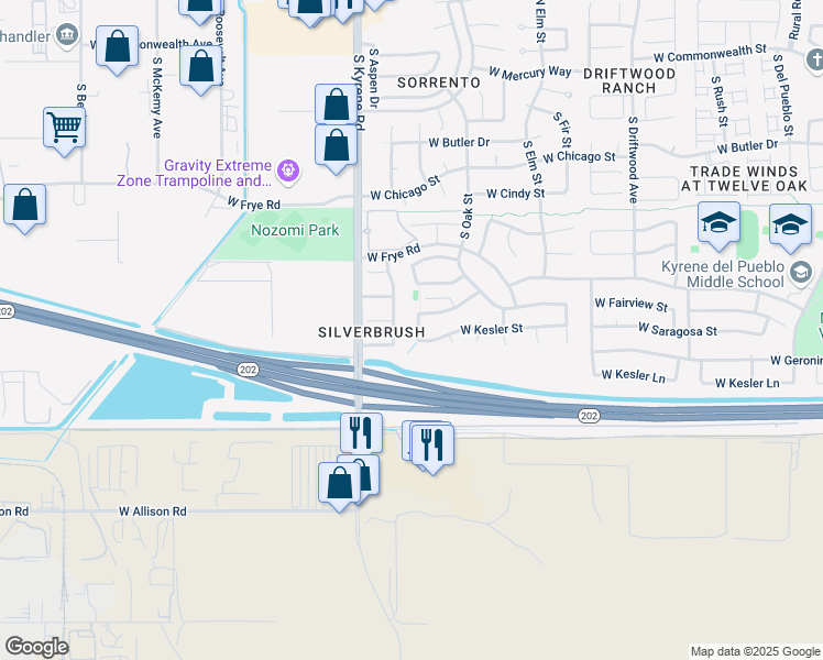 map of restaurants, bars, coffee shops, grocery stores, and more near 620 South Aspen Drive in Chandler