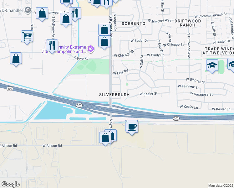 map of restaurants, bars, coffee shops, grocery stores, and more near 5975 West Geronimo Court in Chandler