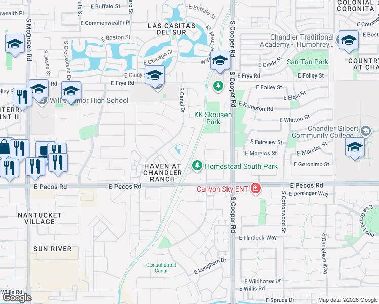 map of restaurants, bars, coffee shops, grocery stores, and more near 820 South Edith Drive in Chandler