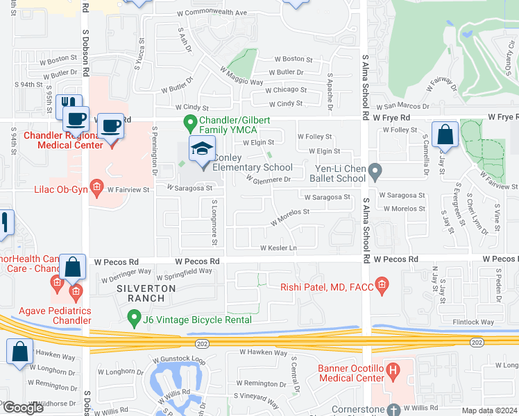 map of restaurants, bars, coffee shops, grocery stores, and more near 1402 West Hopi Drive in Chandler