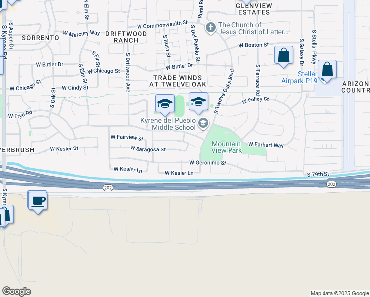 map of restaurants, bars, coffee shops, grocery stores, and more near 5080 West Saragosa Street in Chandler