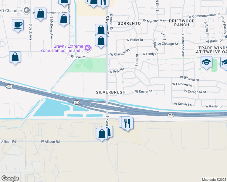 map of restaurants, bars, coffee shops, grocery stores, and more near 5975 West Geronimo Court in Chandler