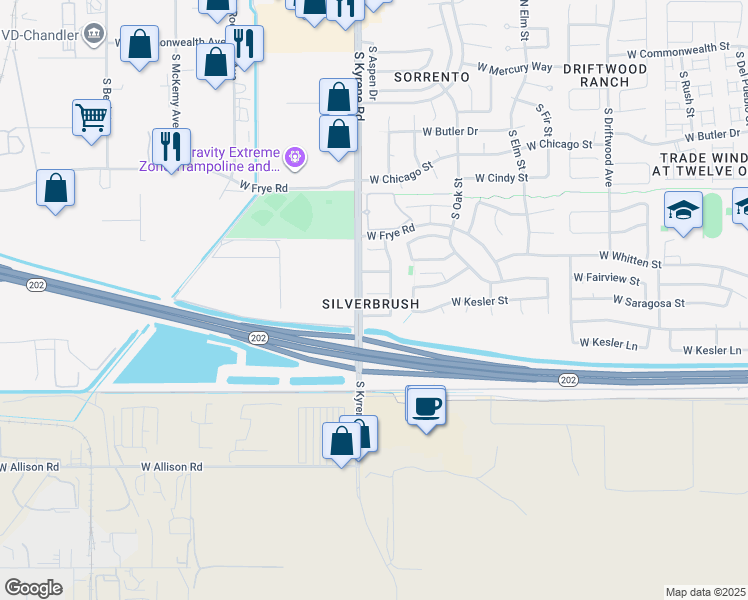 map of restaurants, bars, coffee shops, grocery stores, and more near 5975 West Geronimo Court in Chandler