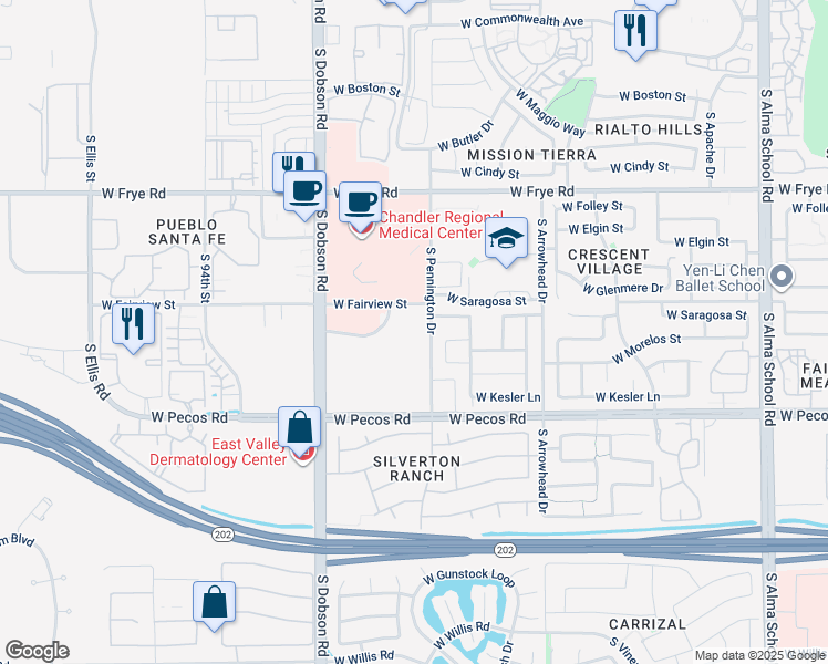 map of restaurants, bars, coffee shops, grocery stores, and more near South Pennington Drive in Chandler