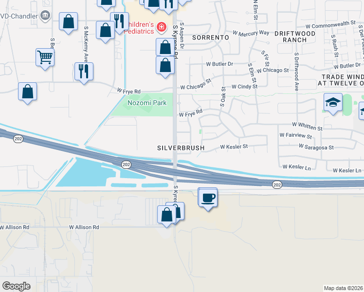 map of restaurants, bars, coffee shops, grocery stores, and more near 5975 West Geronimo Court in Chandler