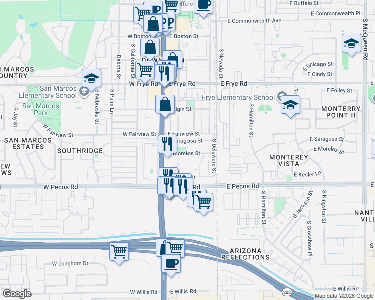 map of restaurants, bars, coffee shops, grocery stores, and more near 56 East Morelos Street in Chandler