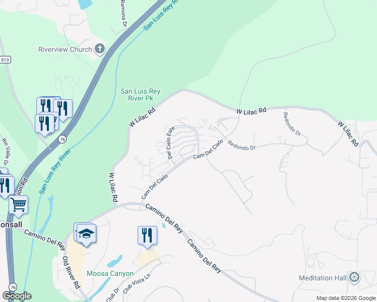 map of restaurants, bars, coffee shops, grocery stores, and more near 5704 Camino Del Cielo in Bonsall