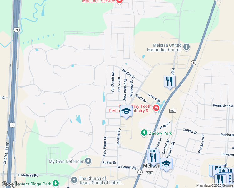 map of restaurants, bars, coffee shops, grocery stores, and more near 3307 Brazos Street in Melissa