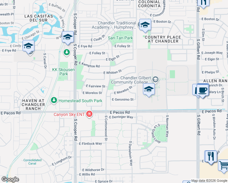 map of restaurants, bars, coffee shops, grocery stores, and more near 2383 East Morelos Street in Chandler