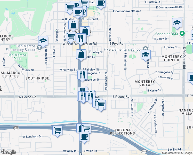 map of restaurants, bars, coffee shops, grocery stores, and more near 198 East Morelos Street in Chandler