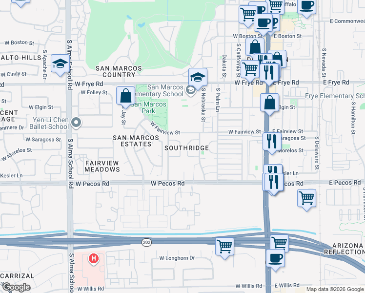 map of restaurants, bars, coffee shops, grocery stores, and more near 726 South Nebraska Street in Chandler