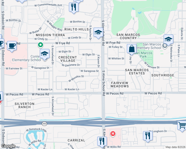 map of restaurants, bars, coffee shops, grocery stores, and more near 1122 West Morelos Street in Chandler