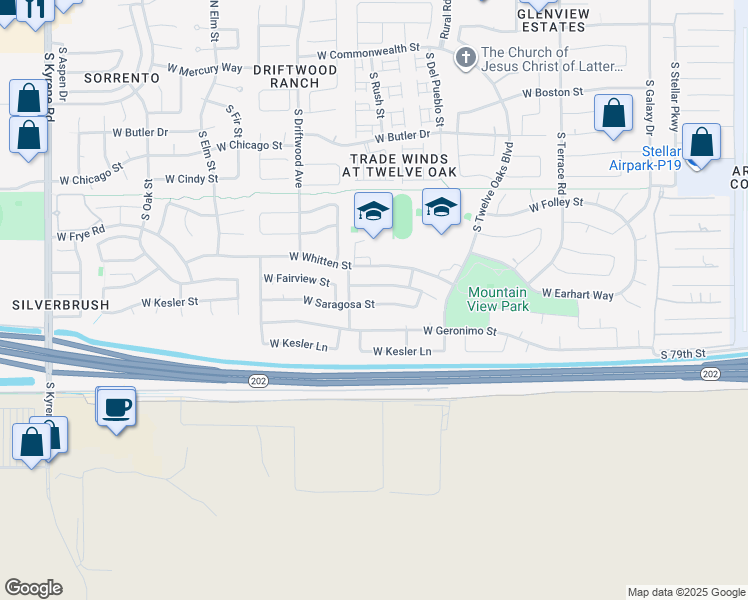 map of restaurants, bars, coffee shops, grocery stores, and more near 5189 West Saragosa Street in Chandler