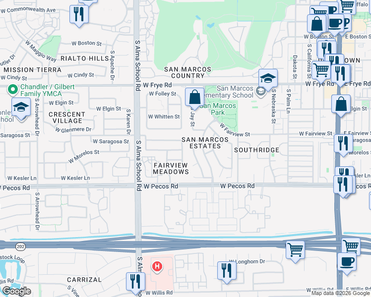 map of restaurants, bars, coffee shops, grocery stores, and more near 795 South Camellia Drive in Chandler