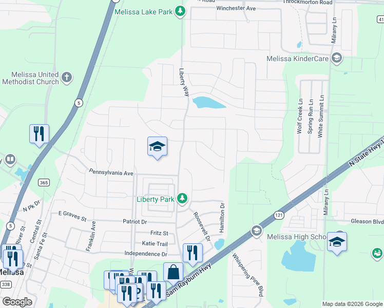 map of restaurants, bars, coffee shops, grocery stores, and more near 3510 Liberty Way in Melissa