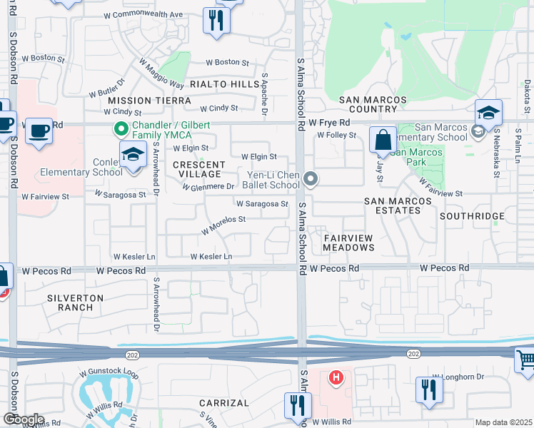 map of restaurants, bars, coffee shops, grocery stores, and more near 1122 West Morelos Street in Chandler