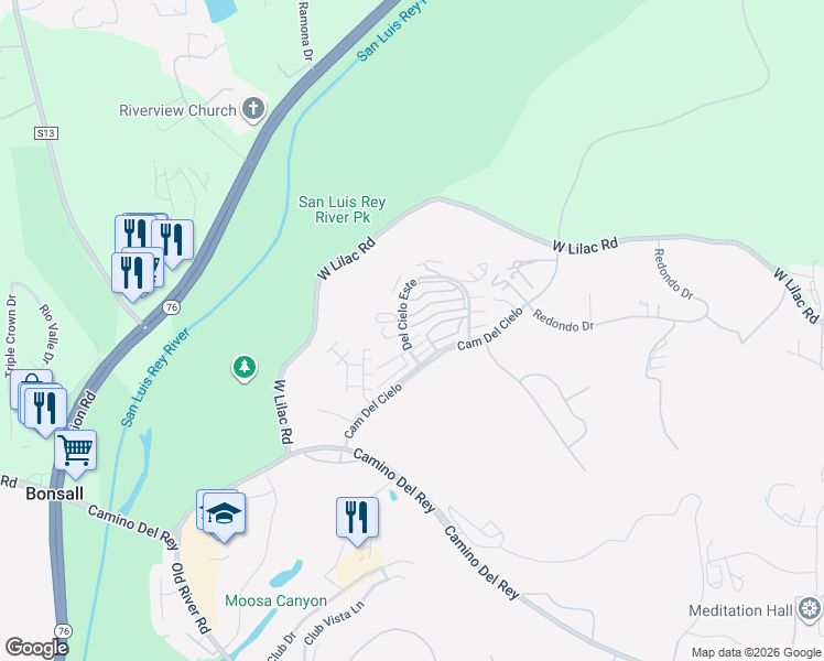 map of restaurants, bars, coffee shops, grocery stores, and more near 5709 Kensington Place in Bonsall