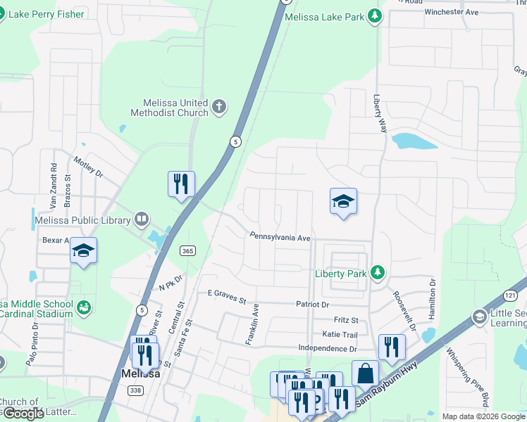 map of restaurants, bars, coffee shops, grocery stores, and more near 3512 Charleston Drive in Melissa
