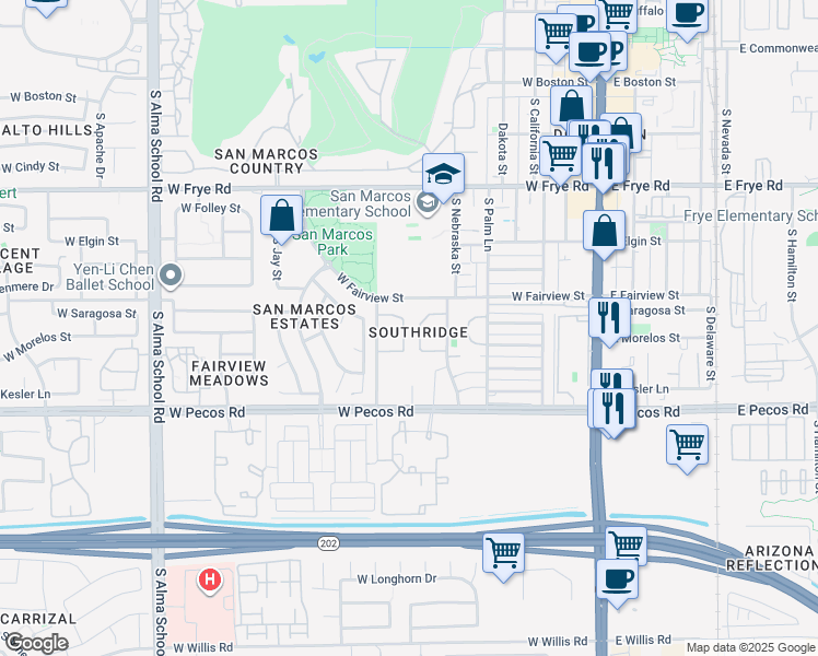 map of restaurants, bars, coffee shops, grocery stores, and more near 726 South Nebraska Street in Chandler