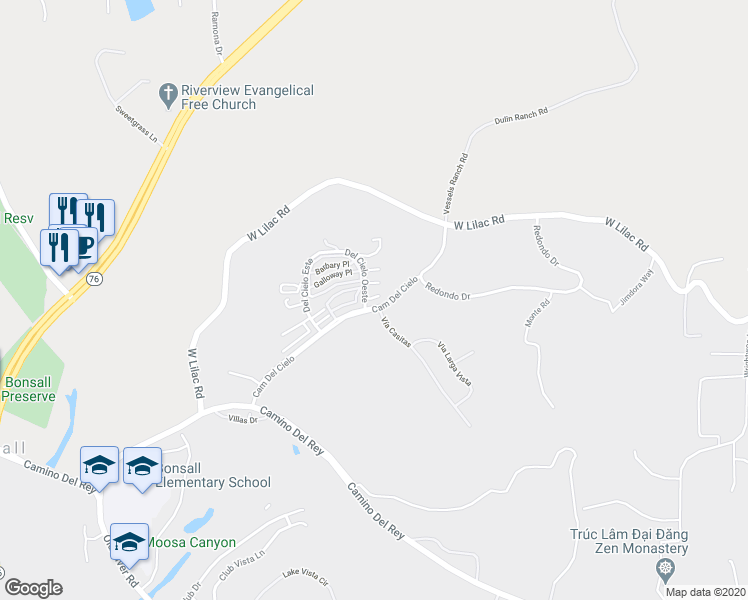 map of restaurants, bars, coffee shops, grocery stores, and more near 5762 Camino Del Cielo in Bonsall