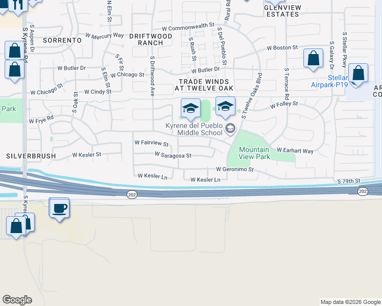 map of restaurants, bars, coffee shops, grocery stores, and more near 5189 West Saragosa Street in Chandler