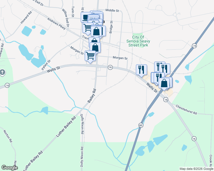 map of restaurants, bars, coffee shops, grocery stores, and more near 3 Bridge Street in Senoia