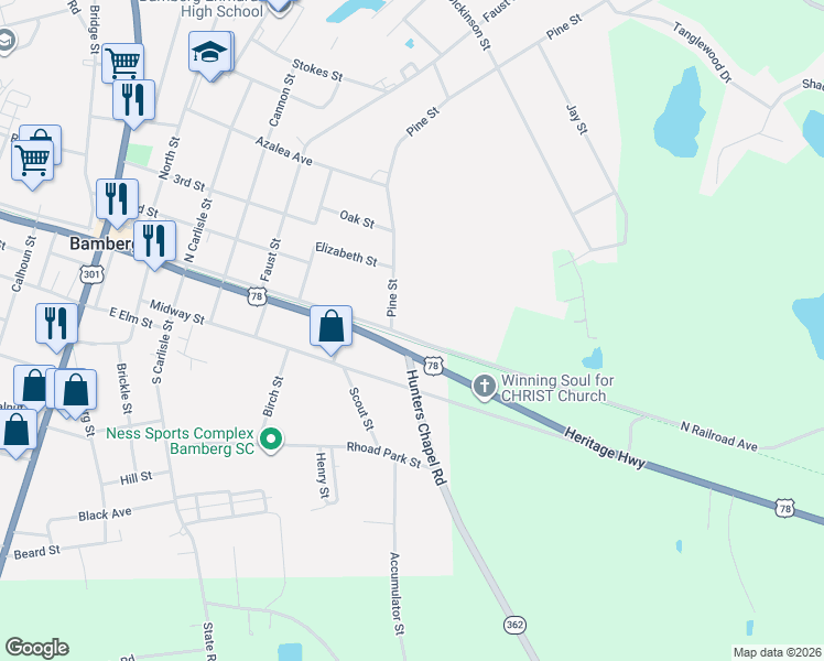 map of restaurants, bars, coffee shops, grocery stores, and more near 200 Pine Street in Bamberg