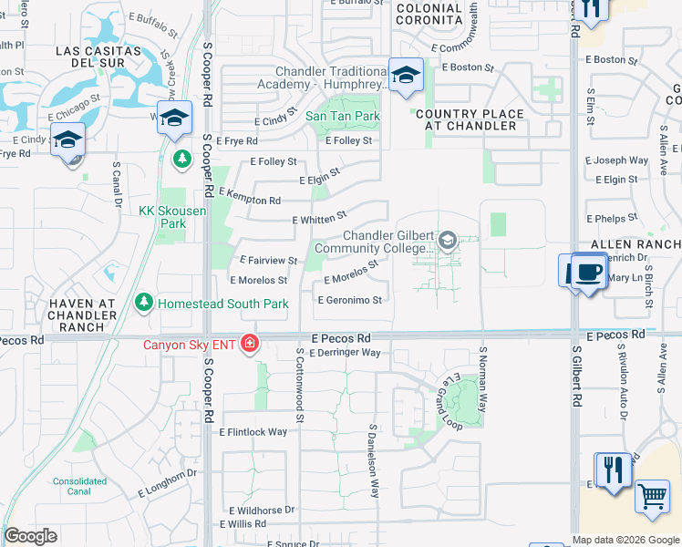 map of restaurants, bars, coffee shops, grocery stores, and more near 2383 East Morelos Street in Chandler