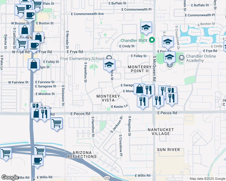 map of restaurants, bars, coffee shops, grocery stores, and more near 782 East Morelos Street in Chandler